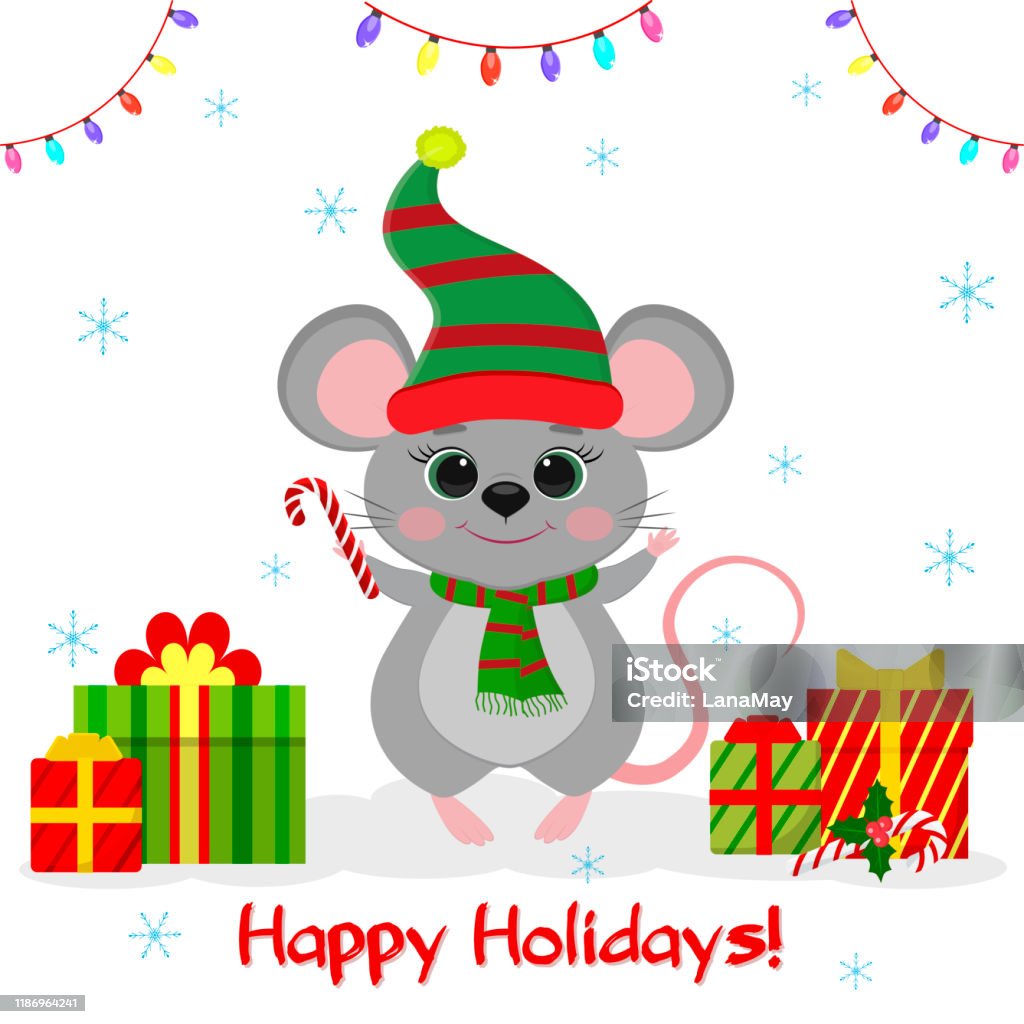 Happy New Year And Merry Christmas A Cute Mouse A Rat In An Elf ...