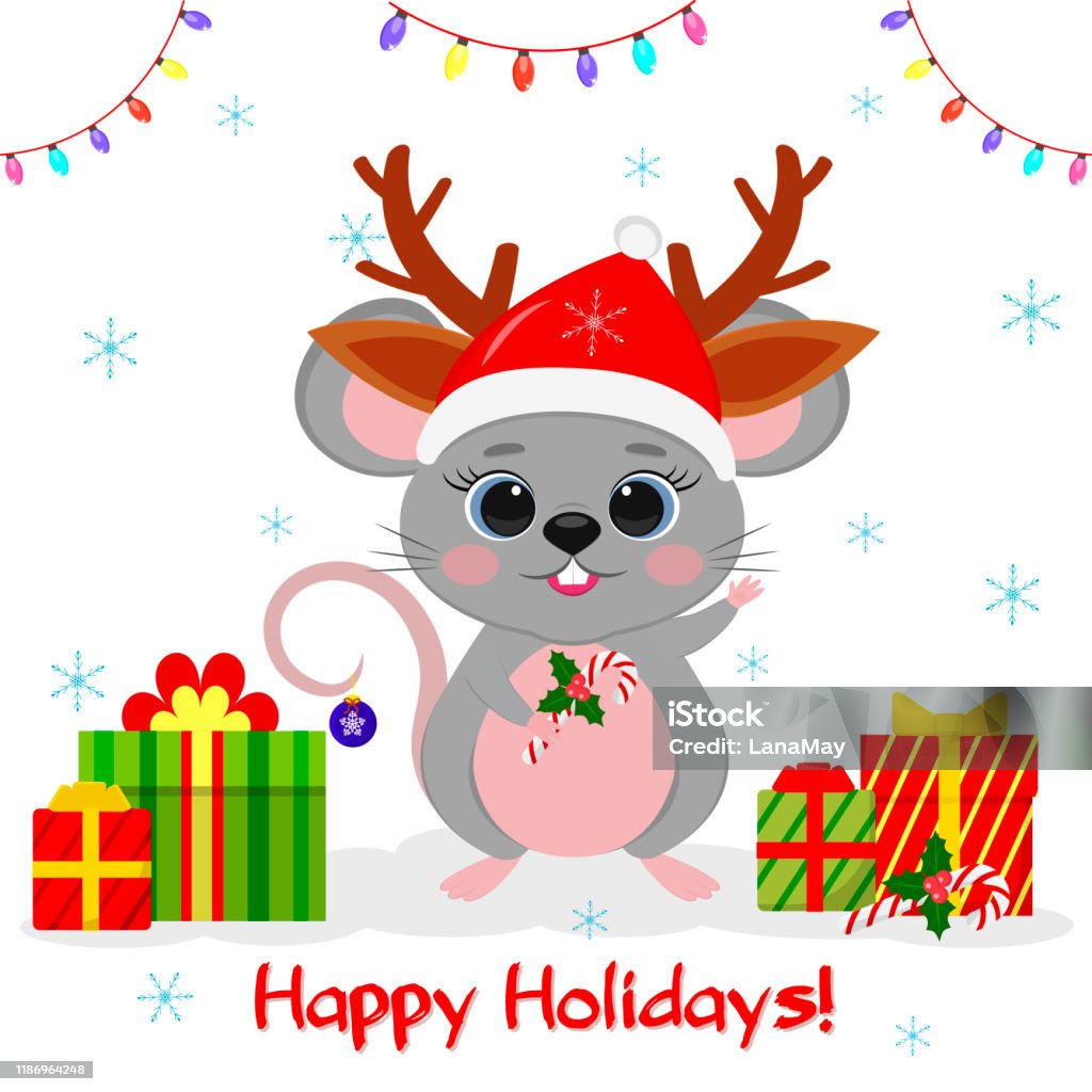 Happy New Year And Merry Christmas Cute Mouse Rat In A Santa Hat ...