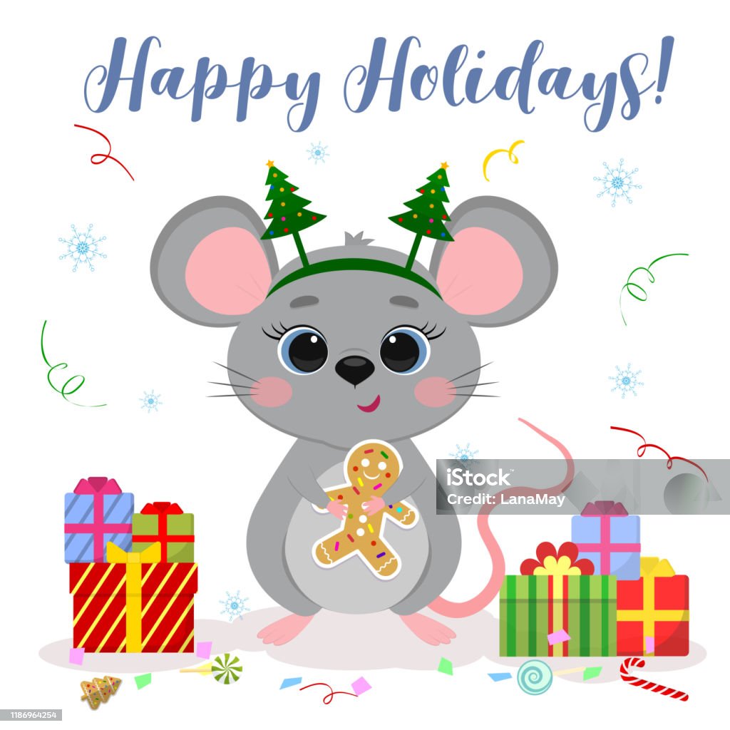 Happy New Year And Merry Christmas Cute Mouse A Rat With Blue Eyes ...