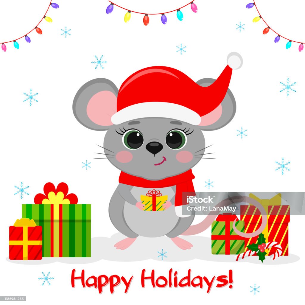 Happy New Year And Merry Christmas Cute Mouse A Rat With Green ...