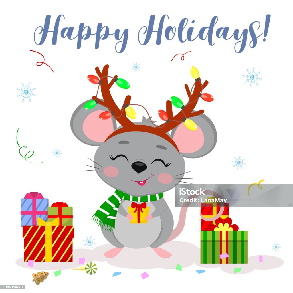 Happy New Year And Merry Christmas Cute Mouse A Rat In A Deer ...