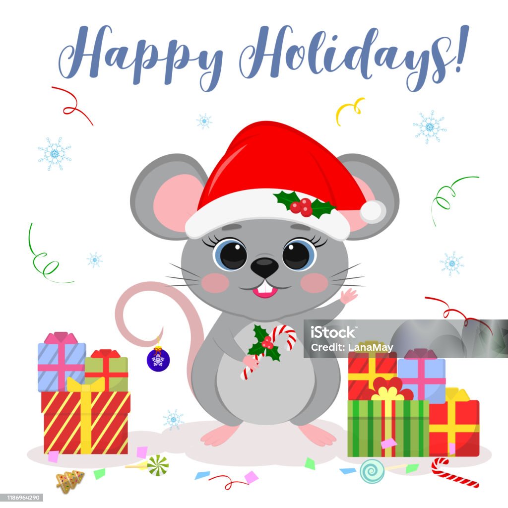 Happy New Year And Merry Christmas A Cute Mouse A Rat In A Santa ...