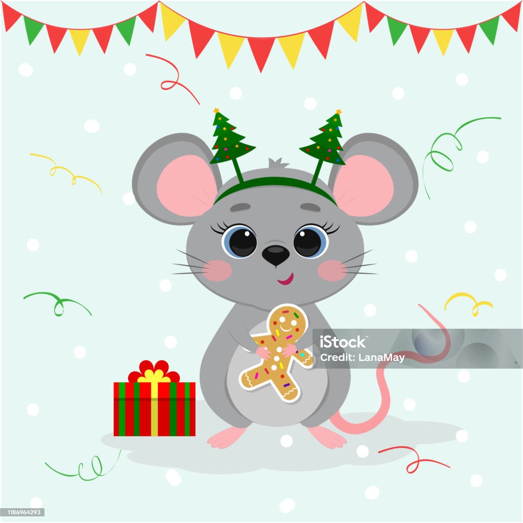 Happy New Year And Merry Christmas Cute Mouse A Rat With Blue Eyes ...