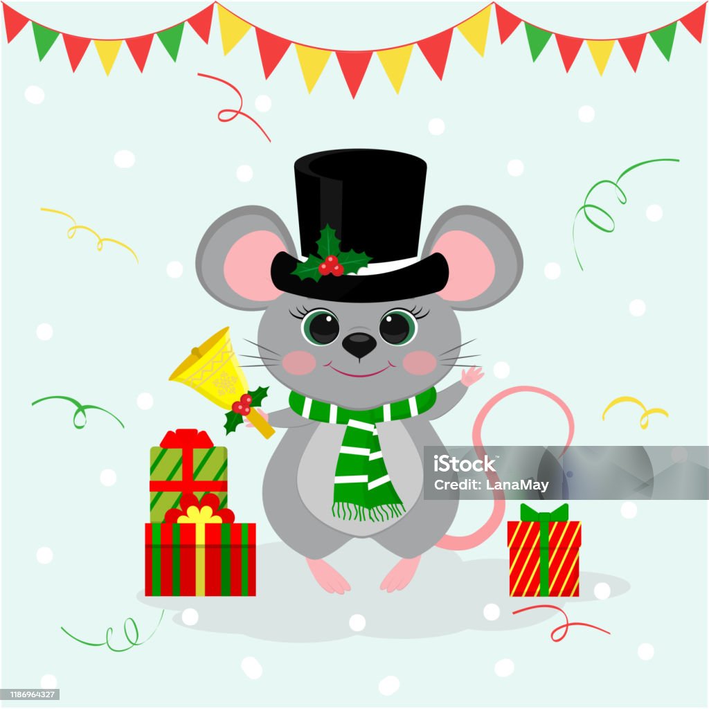 Happy New Year And Merry Christmas A Cute Mouse A Rat In A Black ...