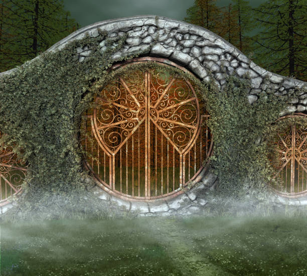 istock Ancient mysterious gate in the foggy forest 1186964694