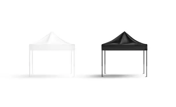 Blank black and white pop-up canopy tent mock up set, isolated, 3d rendering. Empty exhibition pavilion mockup, front view. Clear mobile sunshade for fair or expo presentation mokcup template.