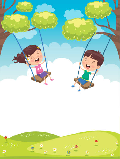 ilustrações de stock, clip art, desenhos animados e ícones de happy little children swinging at tree - smiling little girls little boys autumn