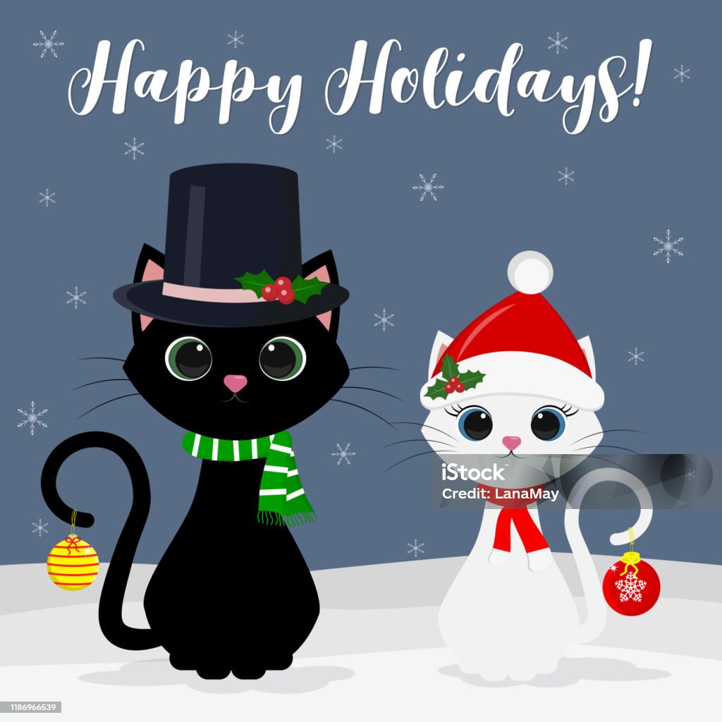 Selamat Natal Dan Selamat Tahun Baru Pasangan Lucu Kucing Hitam Putih