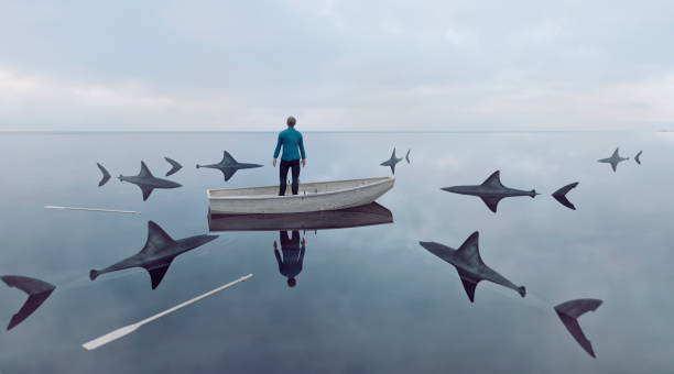 Lost at sea in row boat surrounded by sharks looking for a prey Man lost at sea in row boat made of wood. He has lost the oars and cannot sail the boat. Sharks are moving in on him. He stands up in the boat looking for a way out. Concept of failure and trying to find a solution to an emerging problem. 
Note: The man is a 3D-render. Property release attached. Surrounding stock pictures, royalty-free photos & images