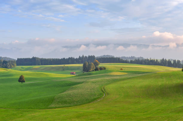 escena rural al atardecer en unterammergau, alemania - bavaria allgau germany landscape fotografías e imágenes de stock