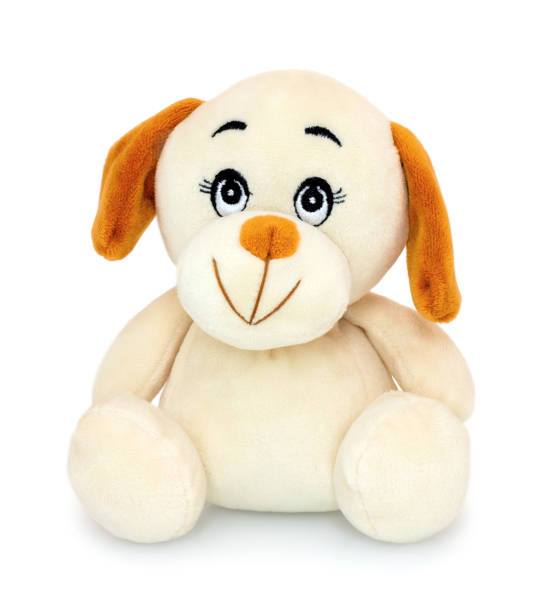 istock Cute dog doll isolated on white background with shadow reflection. Playful bright brown dog sitting on white underlay. Puppy plush stuffed puppet toy. 1186967974