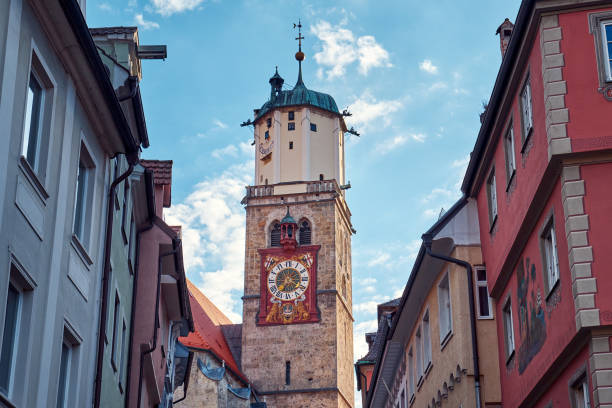 Stone Clock Tower. Old St. Martin church in the city of Memmingen, Germany.