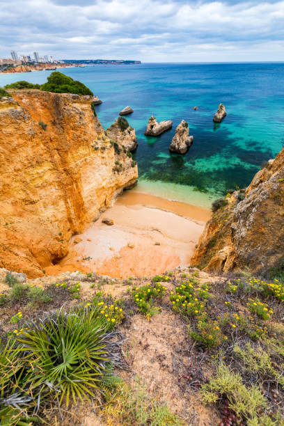 알보르 타운, 알가르베, 포르투갈에서 황금 색 바위와 멋진 해변의 전망. 알보르 해변, 알가르베 지역, 포르투갈의 절벽 바위 전망. - beach blue turquoise sea 뉴스 사진 이미지