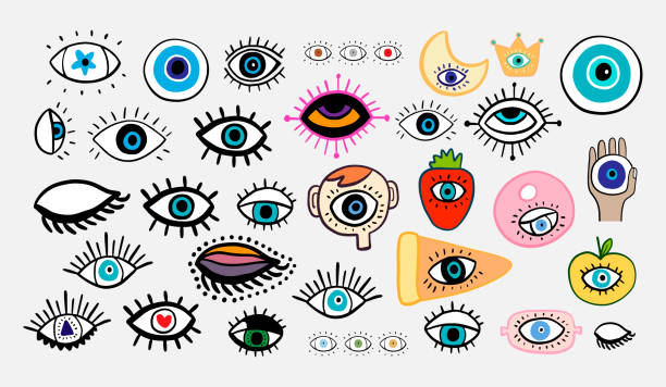 Big eyes set different forms hand drawn vector illustrations in cartoon comic style Big eyes set different forms hand drawn vector illustrations in cartoon comic style lashes crown strawberry head donut moon apple man star cartoon characters with big heads stock illustrations