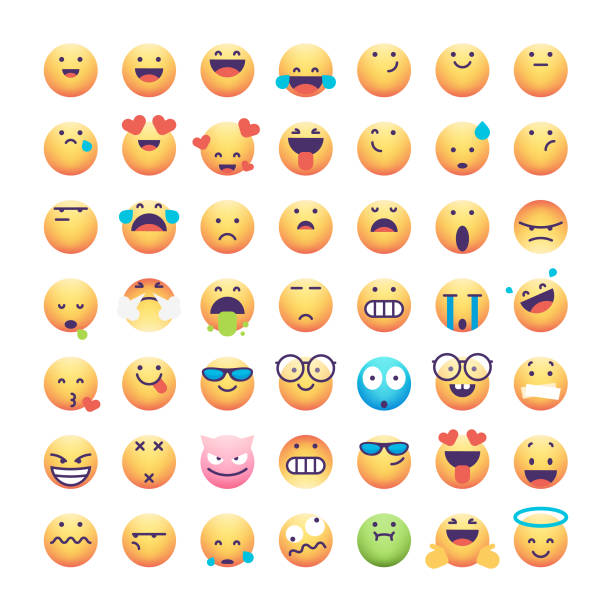 Vector illustration of a collection of 49 emoticons. Pixel perfect designs to use in social media platforms, online messaging and mobile apps, business and technology, ideas and concepts.