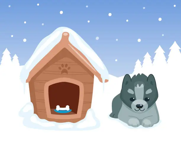Vector illustration of Puppy and doghouse. Dog sitting near his snowing house. Winter forest. Cute cartoon animal character. Vector illustration.