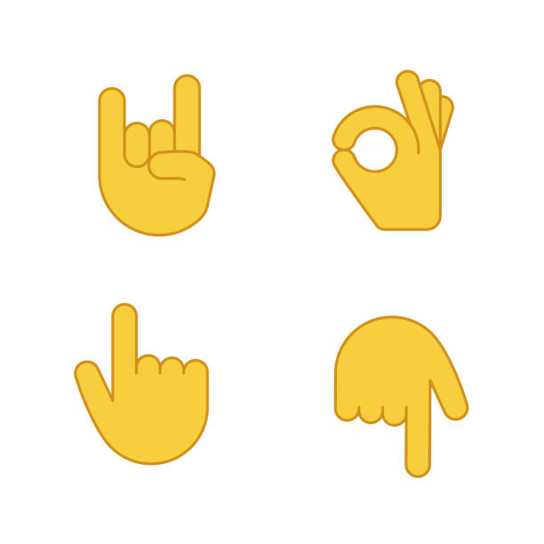 Hand gesture emojis color icons set Hand gesture emojis color icons set. Rock on, heavy metal, OK, approval gesturing. Backhand index pointing up and down. Turn back finger pointer. Isolated vector illustrations horn sign stock illustrations