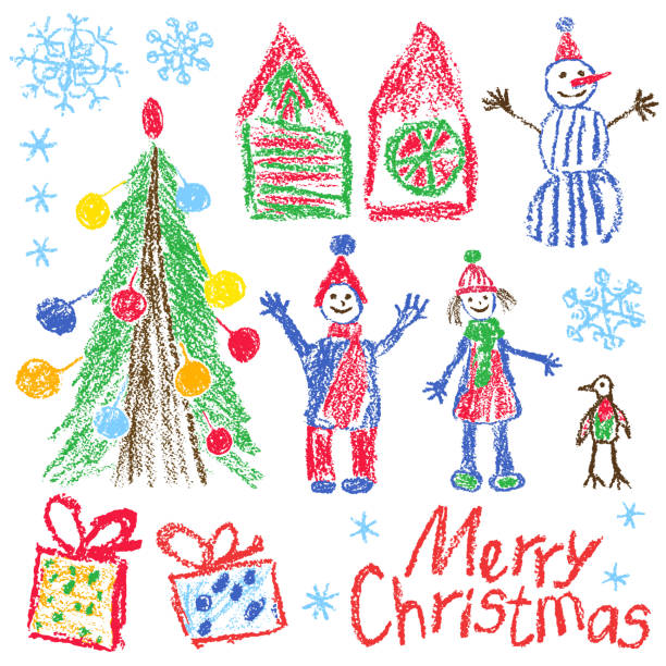 illustrazioni stock, clip art, cartoni animati e icone di tendenza di come il set di stile knolling natalizio di disegno a mano per bambini. - christmas child