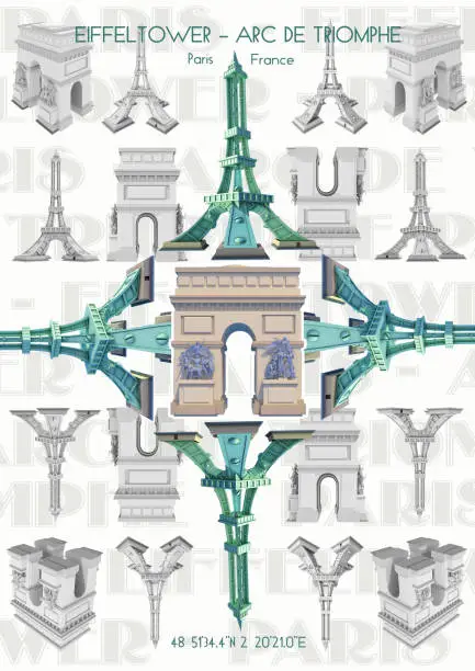Low Poly Modelling and 3d Rendering with great and famous buildings around the world. 360 Degrees Camara Rendering. Combination of Two famous Buildings from Paris (Arc de Triomphe and Eiffeltower)