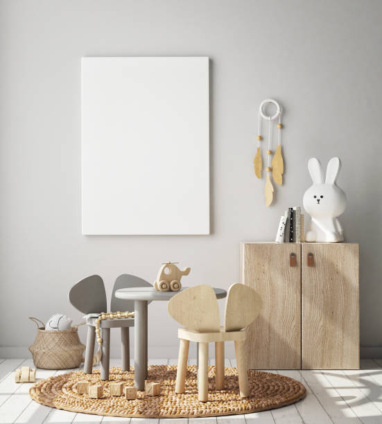 istock mock up poster frames in children's bedroom, Scandinavian style interior background, 3D render 1186979684