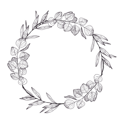 Hand drawn ink wreath with leaves. isolated on white background. Best for print, poster, greeting card, invitation, postcard, textile design, vintage, fabric,wedding decor, baby shower, girl style, wallpaper, nursery
