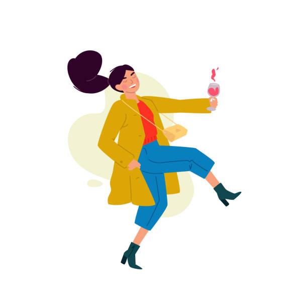 ilustrações de stock, clip art, desenhos animados e ícones de illustration of a girl with a glass of wine. a woman celebrates a holiday, drinks wine and dances. rest and party. fun all night. a little bit drunk lady, without complexes. flat style. - drinking little girls women wine