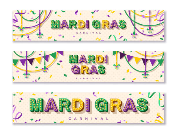 Mardi Gras horizontal banners Mardi Gras horizontal banner with typography design. Vector illustration with retro light bulbs font, streamers, confetti and hanging garlands mardi gras flyer stock illustrations