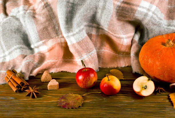 Pumpkin, apples, cinnamon, star anise and fall leaves on a tartan plaid background.