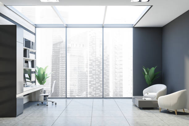 istock Gray and wooden office with lounge 1186992312