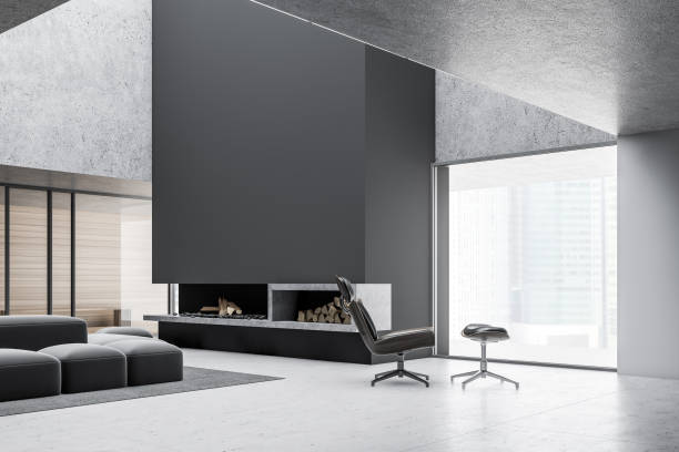 istock Minimalistic gray living room with fireplace 1186993293