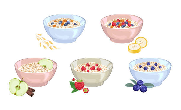 Set of Oat milk porridge in bowl isolated on white background. Oatmeal with apple, cinnamon, banana, blueberry, strawberry,raisins. Vector illustration of cereal breakfast in cartoon flat style. Set of Oat milk porridge in bowl isolated on white background. Oatmeal with apple, cinnamon, banana, blueberry, strawberry,raisins. Vector illustration of cereal breakfast in cartoon flat style. cinnamon stick spice food stock illustrations