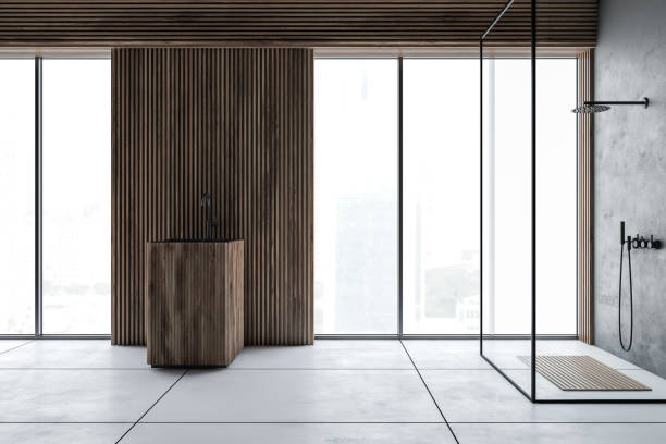 istock Loft wooden bathroom with sink and shower 1186993890