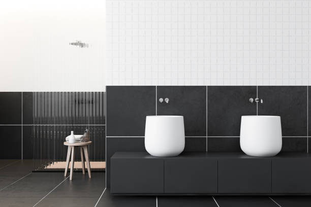 istock Modern bathroom with double sink and shower 1186993905