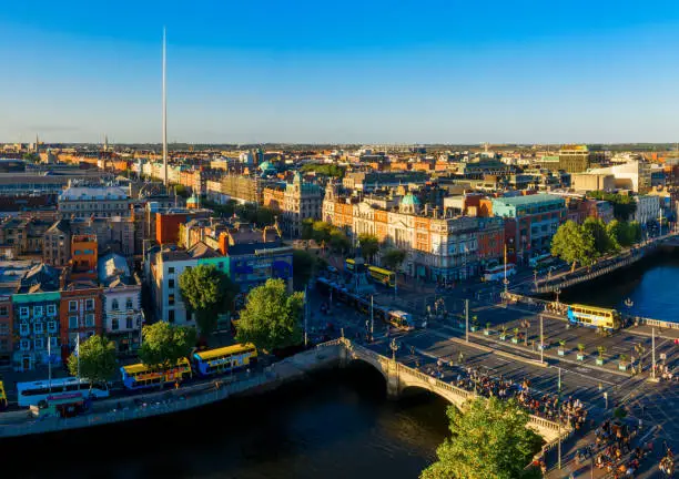 Dublin aerial view with Liffey river and O'Connell bridge during sunset