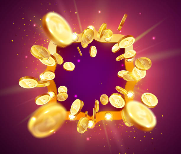istock Vector illustration of an explosion of gold coins in a retro frame. Vintage frame with incandescent lamps. Background for the casino. 1186995332