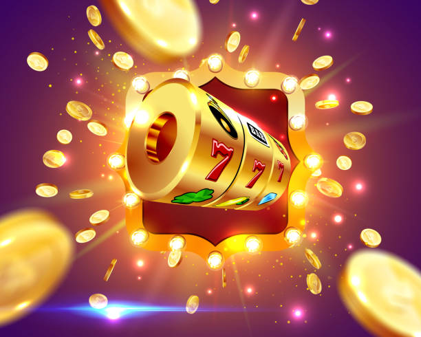 Golden slot machine wins the jackpot 777 on background of an explosion of coins and retro frame. Vector illustration Golden slot machine wins the jackpot 777 on background of an explosion of coins and retro frame. Vector illustration coin operated stock illustrations