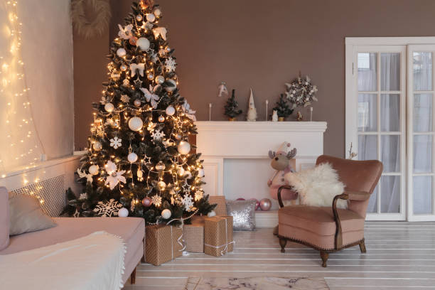 Winter home decor. Christmas tree in loft interior. Old vintage furniture stock photo