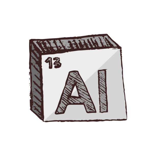 Vector three-dimensional hand drawn chemical gray silver symbol of aluminium with an abbreviation Al from the periodic table of the elements isolated on a white background. Vector symbol of the element aluminium Al. Very light metal of white-gray color. It is very good current conductor used in electrical engineering. Element is isolated on a white background. atom nuclear energy physics science stock illustrations