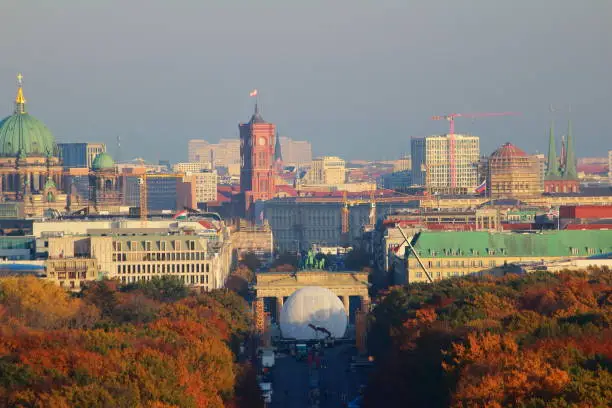 A bird eye view of Tiergarten, Berlin TV tower and Brandenburger Tor from Siegessäule (Berlin Victory Column) in late 2019.