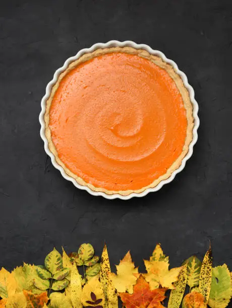 Nature concept. Bright orange pumpkin pie and autumn leaves on black background looking like sun over forest on black background copy space