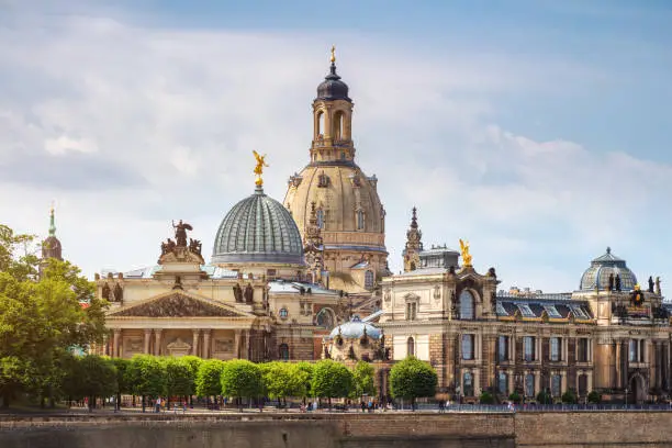 Scenic summer view of the Old Town architecture with Elbe river embankment in Dresden, Saxony, Germany