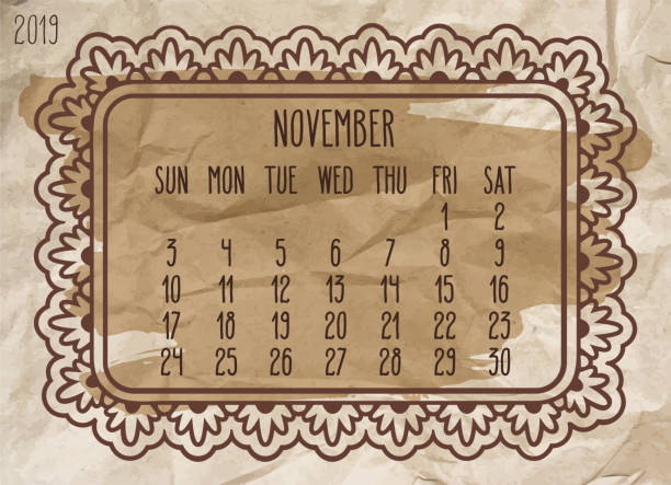ilustrações, clipart, desenhos animados e ícones de calendário mensal vintage do ano de novembro de 2019 - personal organizer calendar concepts crumpled