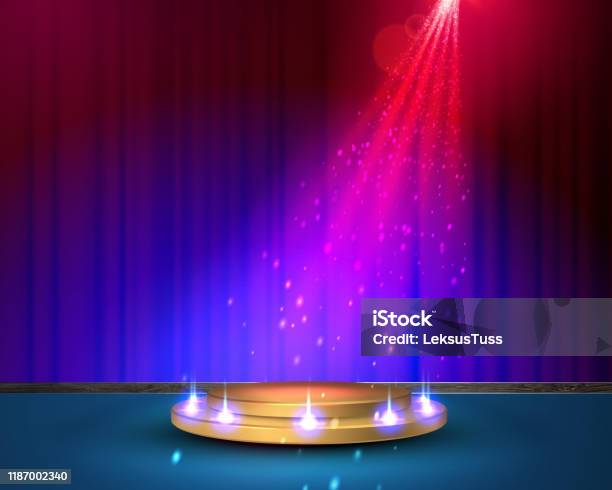 Theater Wooden Stage With Red Curtain And Spotlight Vector Festive Template  With Lights And Scene Poster Design For Concert Theater Party Dance Event  Show Illumination And Scenery Decoration Stock Illustration - Download