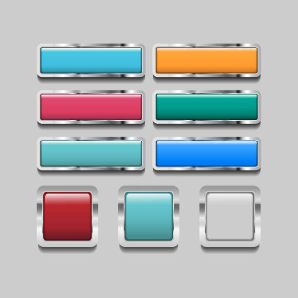 ilustrações de stock, clip art, desenhos animados e ícones de shiny square web icon button with metal frame - shape rectangle chrome interface icons