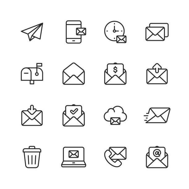 Email and Messaging Line Icons. Editable Stroke. Pixel Perfect. For Mobile and Web. Contains such icons as Email, Messaging, Text Messaging, Communication, Invitation, Speech Bubble, Online Chat, Office. 16 Email and Messaging Outline Icons. e mail stock illustrations