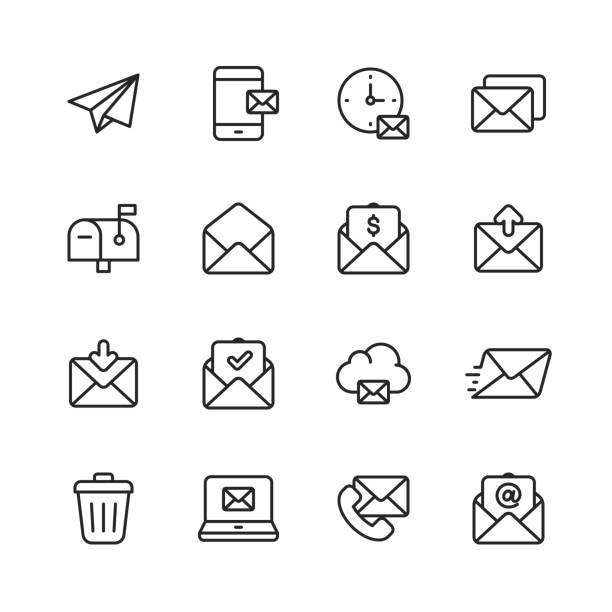Email and Messaging Line Icons. Editable Stroke. Pixel Perfect. For Mobile and Web. Contains such icons as Email, Messaging, Text Messaging, Communication, Invitation, Speech Bubble, Online Chat, Office. 16 Email and Messaging Outline Icons. letter envelope icon stock illustrations