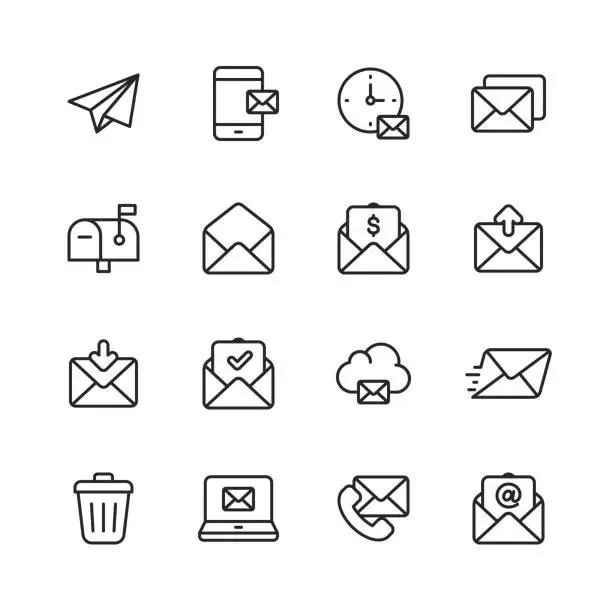 Vector illustration of Email and Messaging Line Icons. Editable Stroke. Pixel Perfect. For Mobile and Web. Contains such icons as Email, Messaging, Text Messaging, Communication, Invitation, Speech Bubble, Online Chat, Office.