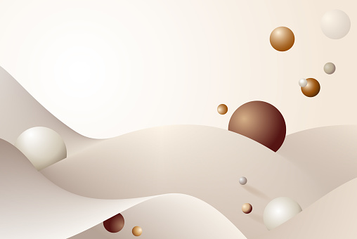 A simple modern abstract design. A beautiful, soft, off white element twisting and flowing on a beige background. Gold, brown and white spheres floating, rolling and rising from behind the hills. EPS10 vector illustration, global colors.