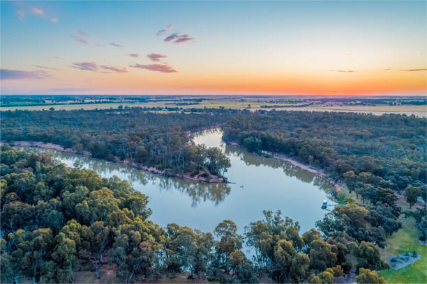 Murray River at sunset - aerial view stock photo