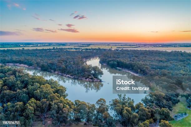 Murray River At Sunset Aerial View Stock Photo - Download Image Now - Australia, Murray River, Victoria - Australia